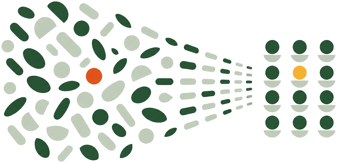Scattered ingredient shapes resolving into an ordered grid of bowls